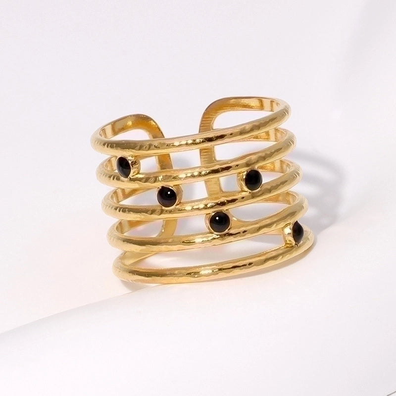 BLACK STONE RING, GOLD PLATED