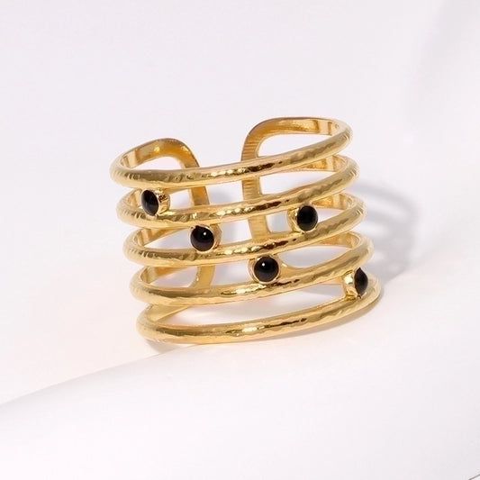 BLACK STONE RING, GOLD PLATED